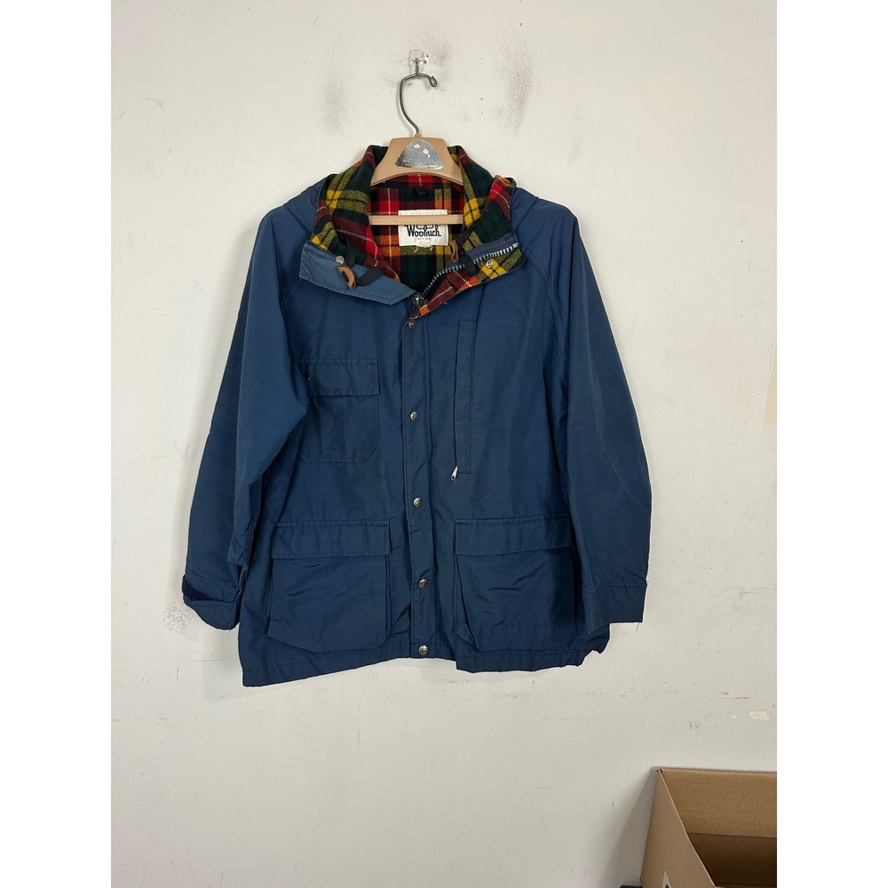 Woolrich Mountain Parka Jacket Navy Blue Plaid Lined Hooded Womens Large
